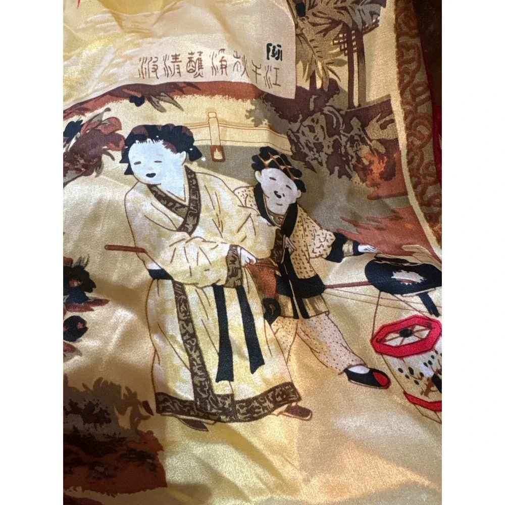 Vintage Asian-Inspired Silk Scarf With‎ Traditional Artwork & Calligraphy